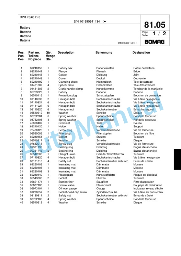 Bomag BPR 75-60 D-3 Vibratory Plate Compactor Spare Parts Catalogue 00817445-5