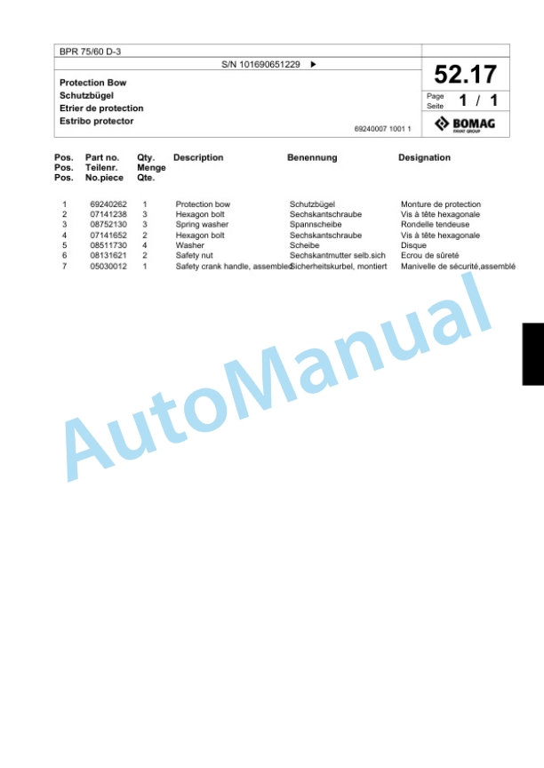 Bomag BPR 75-60 D-3 Vibratory Plate Compactor Spare Parts Catalogue 00817446-3