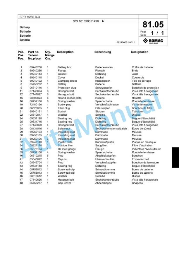 Bomag BPR 75-60 D-3 Vibratory Plate Compactor Spare Parts Catalogue 00817446-5