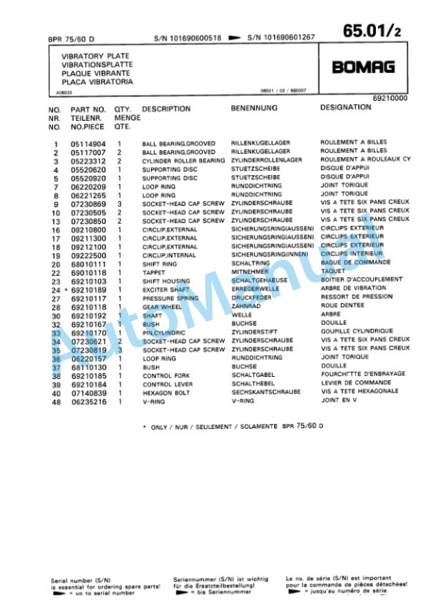 Bomag BPR 75-60 D, BPR 80-60 D Vibratory Plate Compactor Spare Parts Catalogue 00813403-5