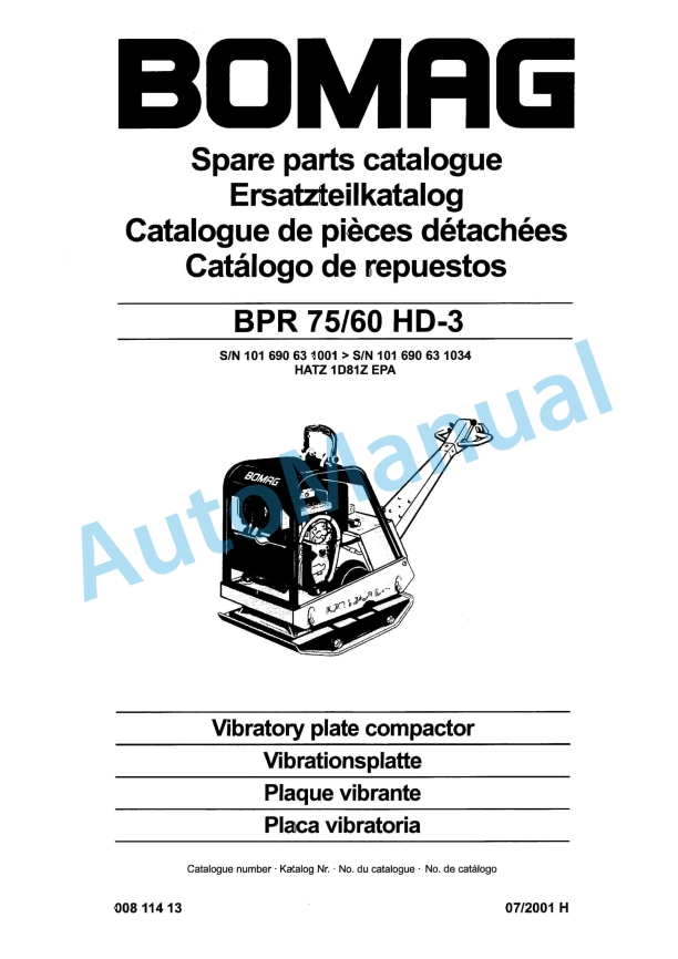 Bomag BPR 75-60 HD-3 Vibratory Plate Compactor Spare Parts Catalogue 00811413
