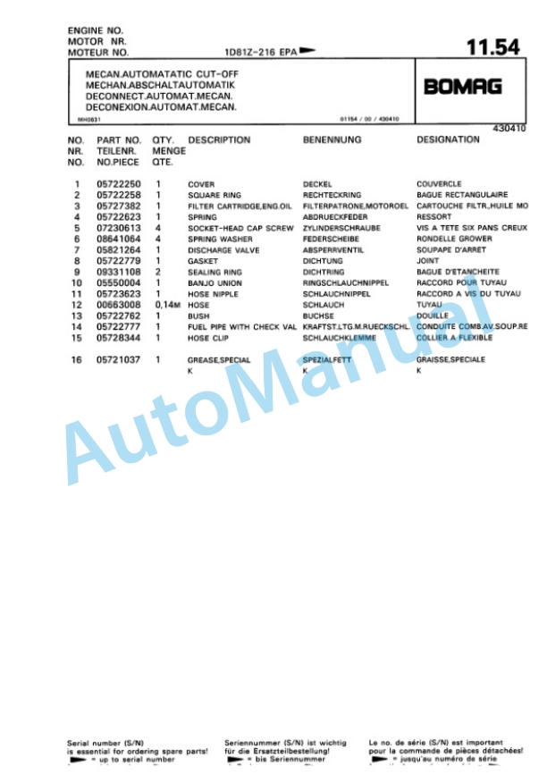 Bomag BPR 75-60 HD-3 Vibratory Plate Compactor Spare Parts Catalogue 00811413-2