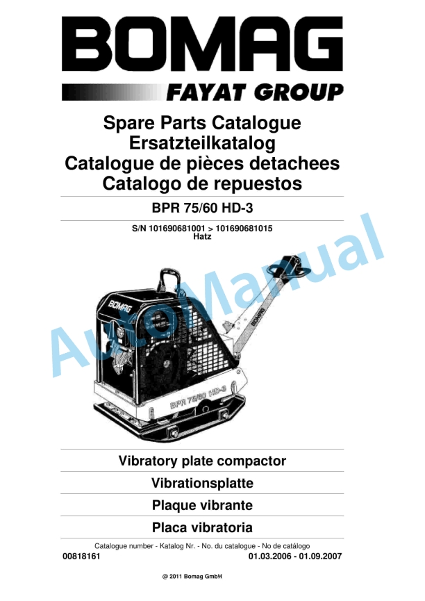 Bomag BPR 75-60 HD-3 Vibratory Plate Compactor Spare Parts Catalogue 00818161