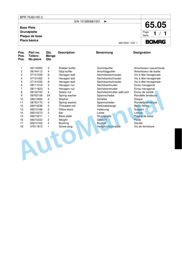 Bomag BPR 75-60 HD-3 Vibratory Plate Compactor Spare Parts Catalogue 00818161-4