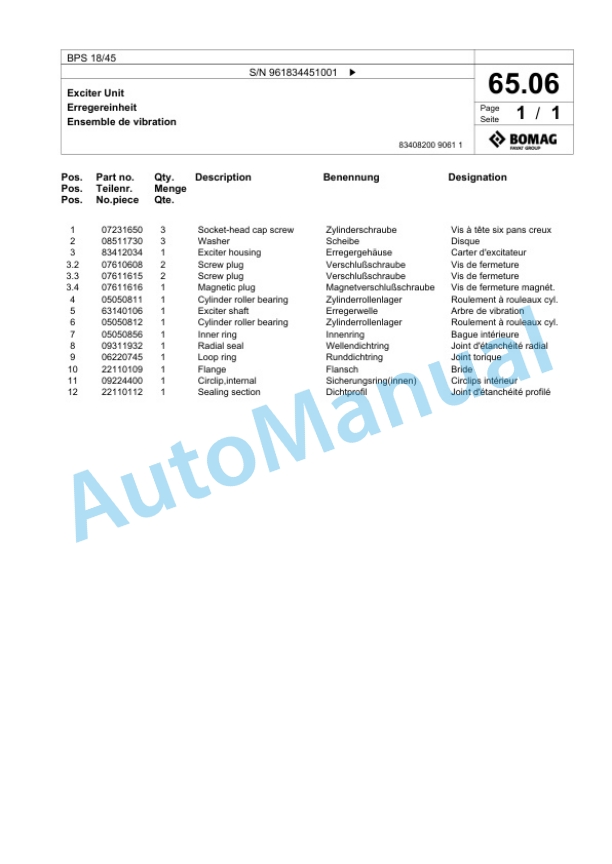 Bomag BPS 18-45 Vibratory Plate Compactor Spare Parts Catalogue 00825473-3