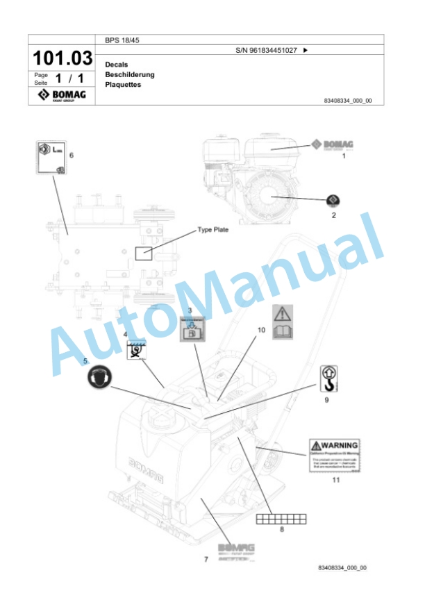 Bomag BPS 18-45 Vibratory Plate Compactor Spare Parts Catalogue 00825473-4