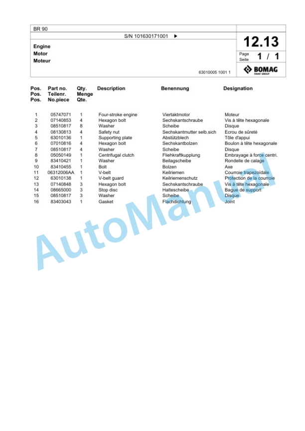 Bomag BR 90 Vibratory Plate Compactor Spare Parts Catalogue 00826507-2