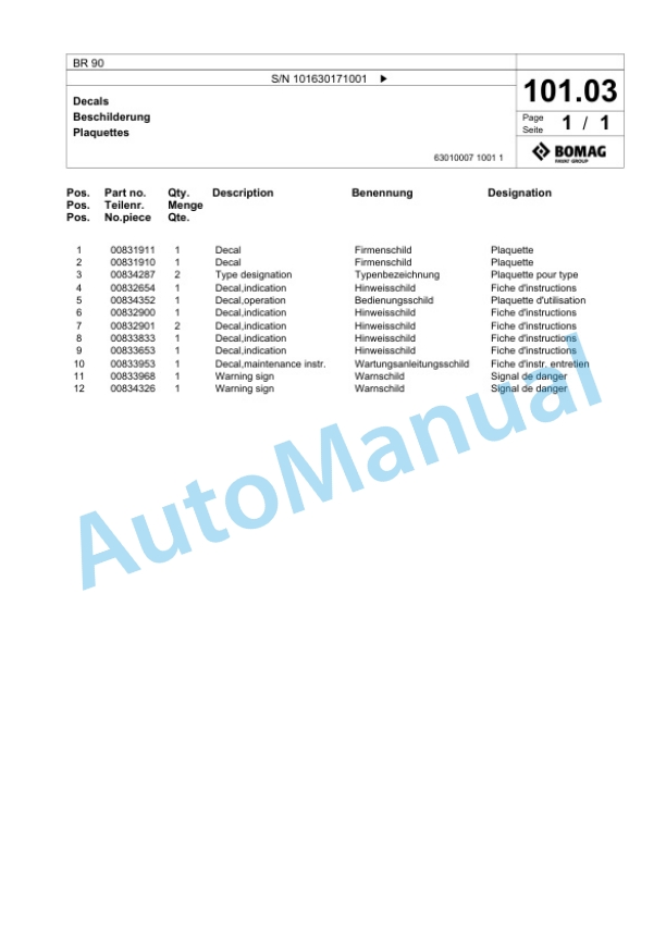 Bomag BR 90 Vibratory Plate Compactor Spare Parts Catalogue 00826507-5
