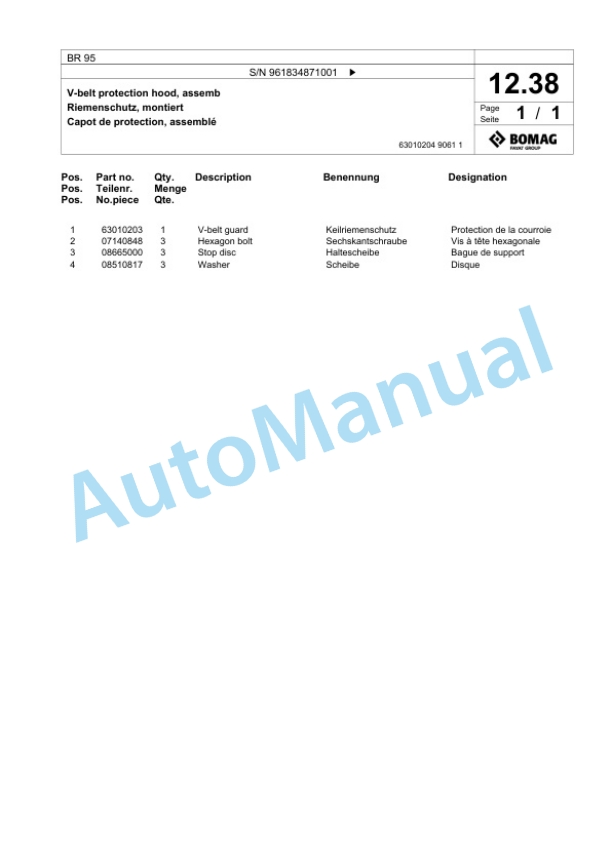 Bomag BR 95 Vibratory Plate Compactor Spare Parts Catalogue 00826843-2