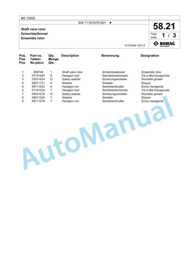 Bomag BS 10000 Tractor-Towed Spreader Spare Parts Catalogue 00818787-2