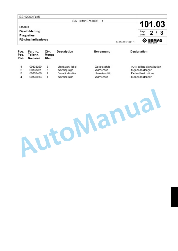 Bomag BS 12000 Profi Tractor-Towed Spreader Spare Parts Catalogue 00824293-5