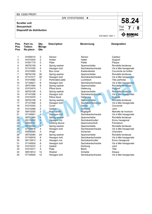 Bomag BS 12000 PROFI Tractor-Towed Spreader Spare Parts Catalogue 00824979-2