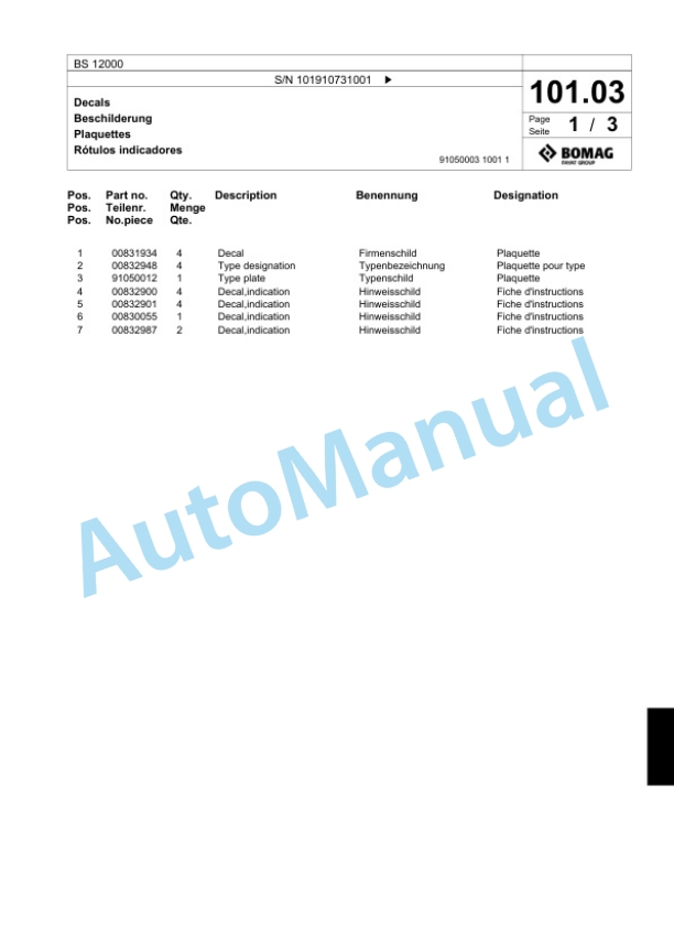 Bomag BS 12000 Tractor-Towed Spreader Spare Parts Catalogue 00824291-4