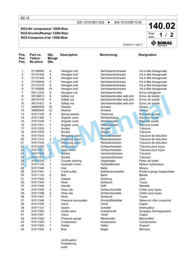 Bomag BS 16 Tractor-Towed Spreader Spare Parts Catalogue 00826541-3