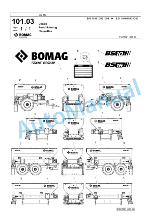 Bomag BS 16 Truck Spreader Spare Parts Catalogue 00826545-2