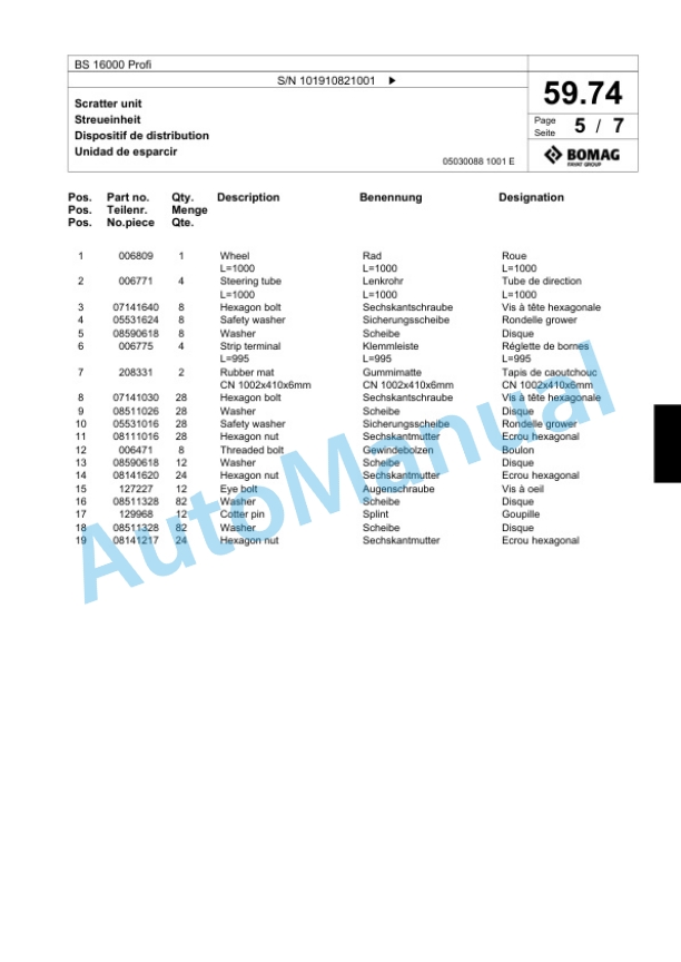 Bomag BS 16000 Profi Tractor-Towed Spreader Spare Parts Catalogue 00824295-2