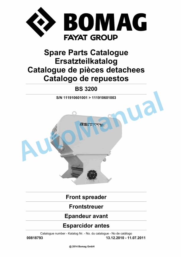 Bomag BS 3200 Front Spreader Spare Parts Catalogue 00818793