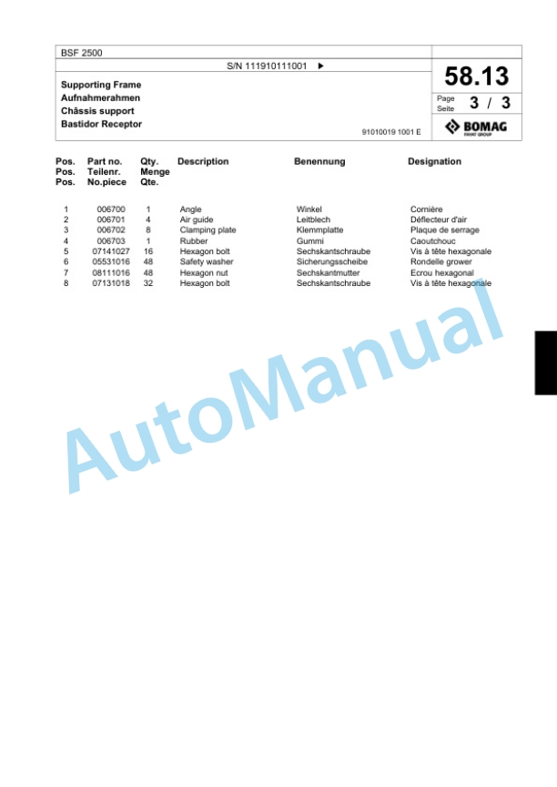 Bomag BSF 2500 Tractor-Towed Stabilizer Spare Parts Catalogue 00818797-3