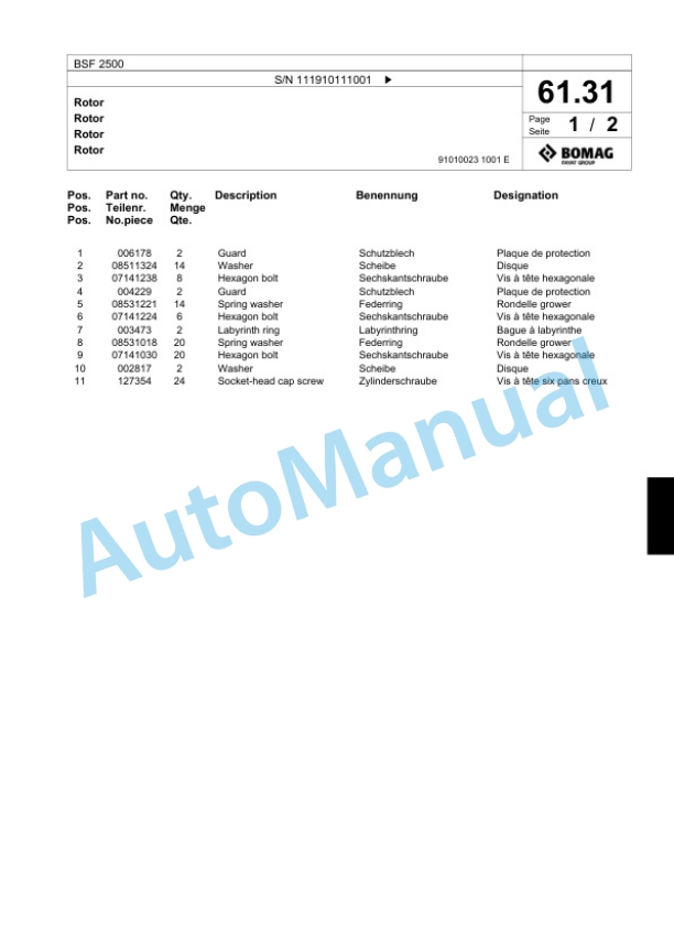 Bomag BSF 2500 Tractor-Towed Stabilizer Spare Parts Catalogue 00818797-4