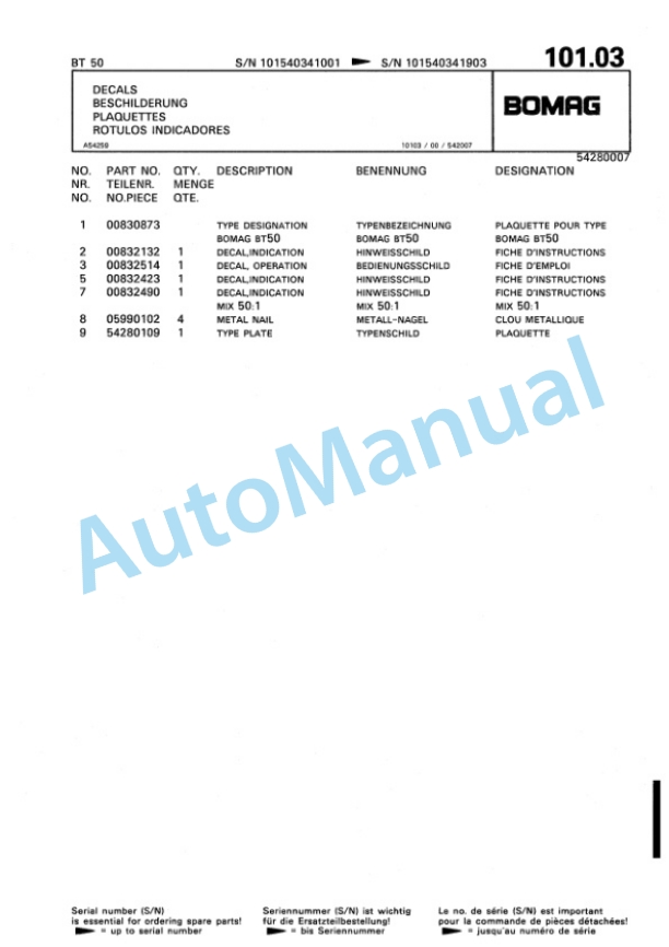 Bomag BT 50 Vibratory Tamper Spare Parts Catalogue 00813205-4