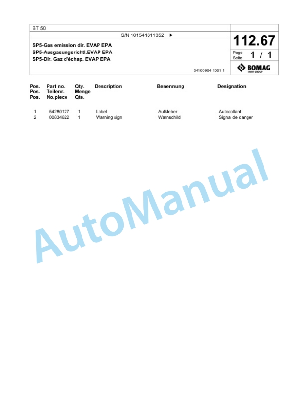 Bomag BT 50 Vibratory Tamper Spare Parts Catalogue 00826875-5