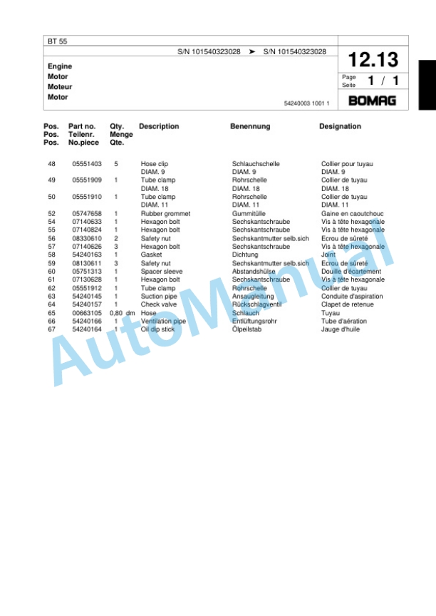 Bomag BT 55 Vibratory Tamper Spare Parts Catalogue 00817450-2