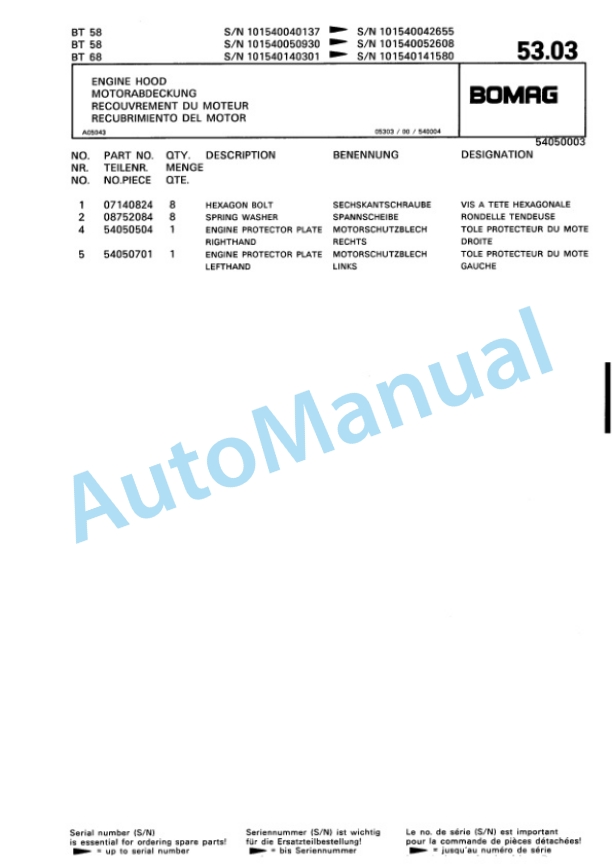 Bomag BT 58, BT 68 Vibratory Tamper Spare Parts Catalogue 00813209-3