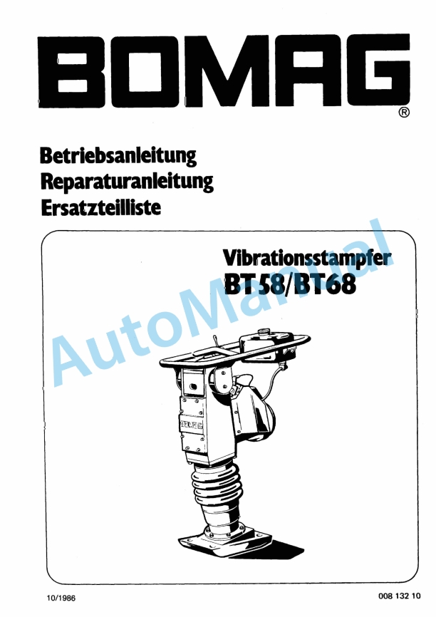 Bomag BT 58, BT 68 Vibratory Tamper Spare Parts Catalogue 00813210 GE