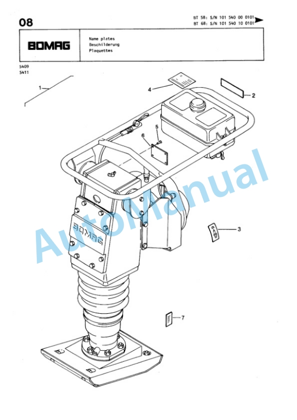 Bomag BT 58, BT 68 Vibratory Tamper Spare Parts Catalogue 00813210 GE-4