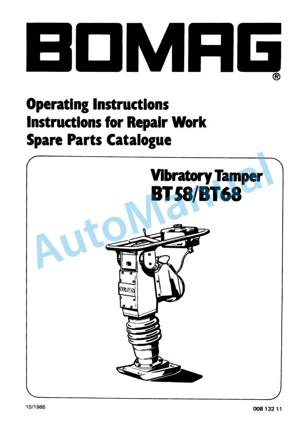 Bomag BT 58, BT 68 Vibratory Tamper Spare Parts Catalogue 00813211