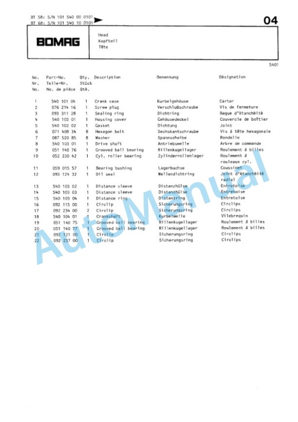 Bomag BT 58, BT 68 Vibratory Tamper Spare Parts Catalogue 00813211-3