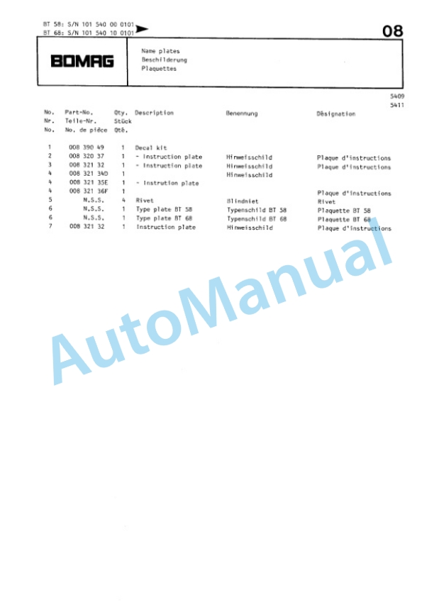 Bomag BT 58, BT 68 Vibratory Tamper Spare Parts Catalogue 00813211-5
