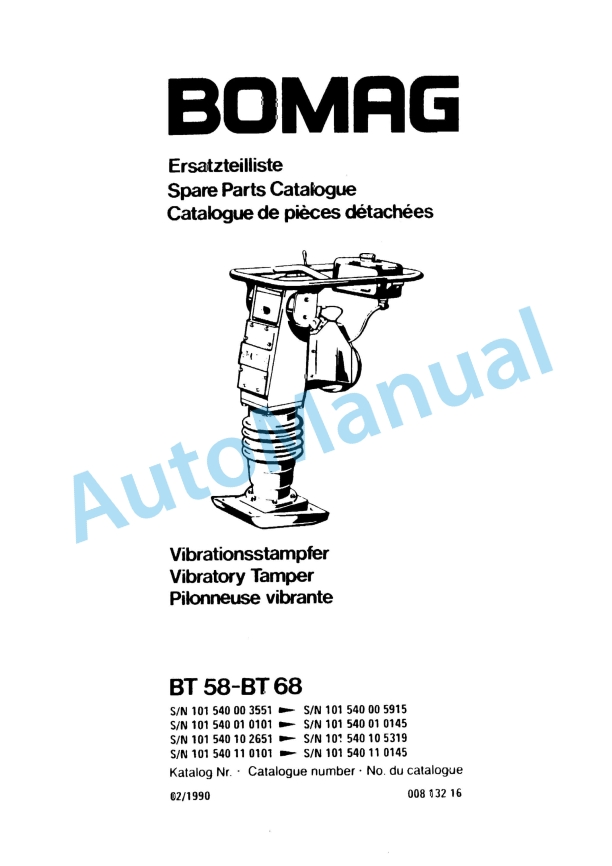 Bomag BT 58, BT 68 Vibratory Tamper Spare Parts Catalogue 00813216