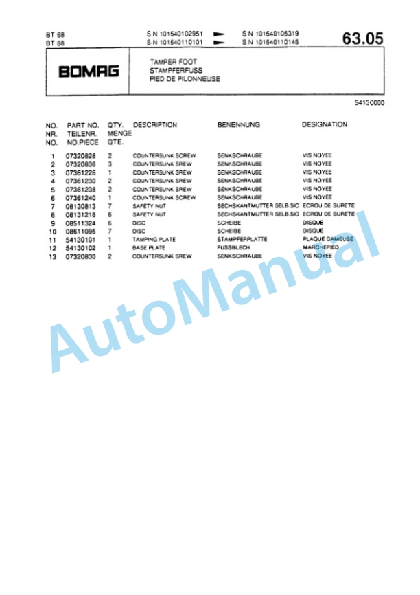 Bomag BT 58, BT 68 Vibratory Tamper Spare Parts Catalogue 00813216-3