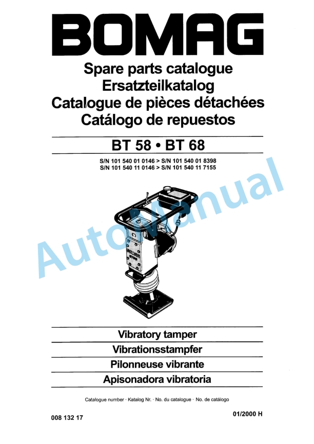 Bomag BT 58, BT 68 Vibratory Tamper Spare Parts Catalogue 00813217