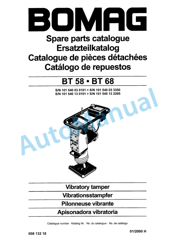 Bomag BT 58, BT 68 Vibratory Tamper Spare Parts Catalogue 00813218