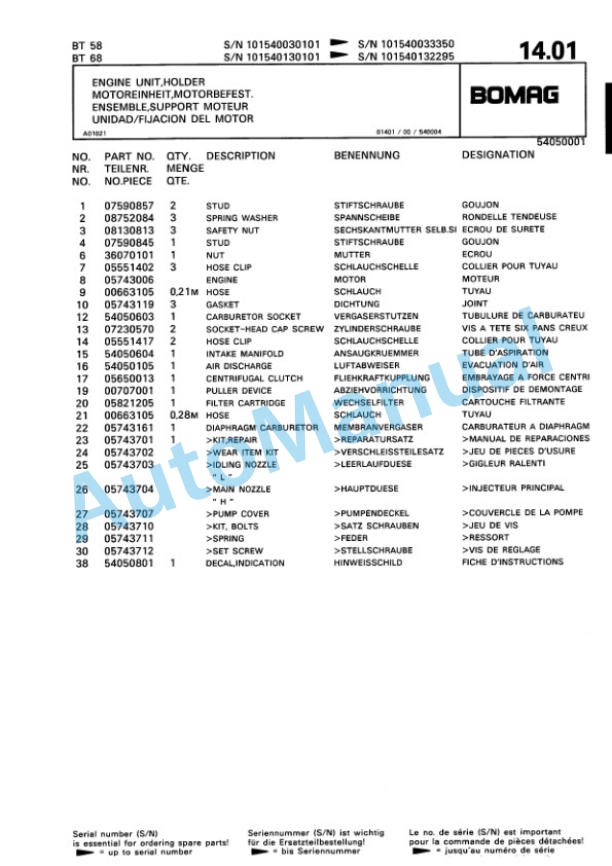 Bomag BT 58, BT 68 Vibratory Tamper Spare Parts Catalogue 00813218-2