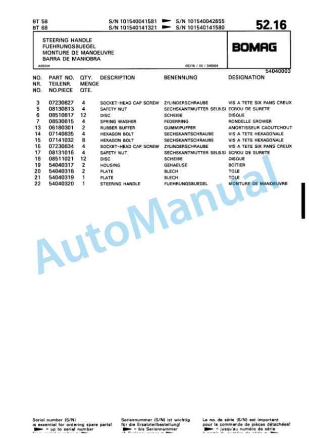 Bomag BT 58, BT 68 Vibratory Tamper Spare Parts Catalogue 00813219-3