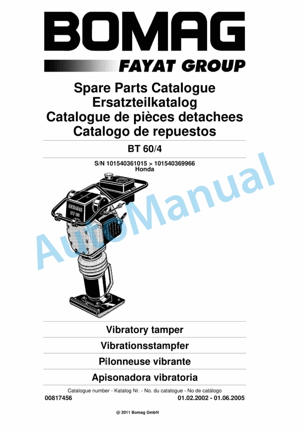 Bomag BT 60-4 Vibratory Tamper Spare Parts Catalogue 00817456