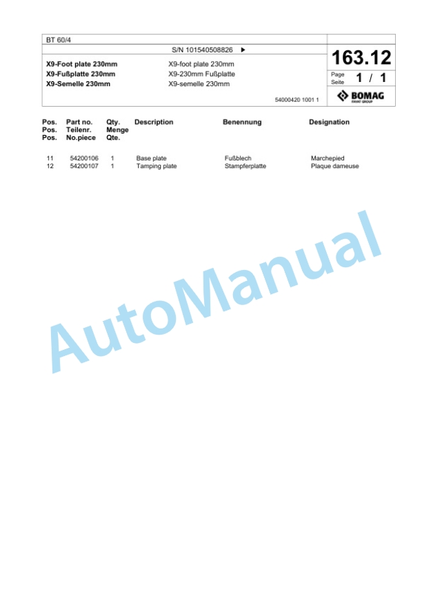 Bomag BT 60-4 Vibratory Tamper Spare Parts Catalogue 00818827-4