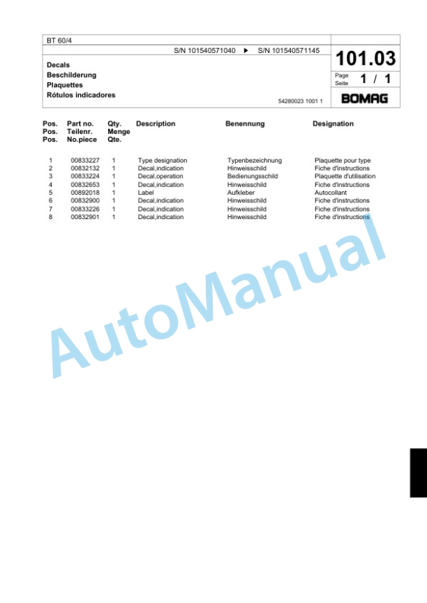 Bomag BT 60-4 Vibratory Tamper Spare Parts Catalogue 00824169-3