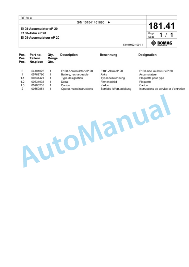 Bomag BT 60 e Vibratory Tamper Spare Parts Catalogue 00826577-5