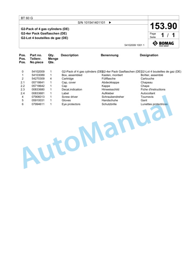 Bomag BT 60 G Vibratory Tamper Spare Parts Catalogue 00824891-4