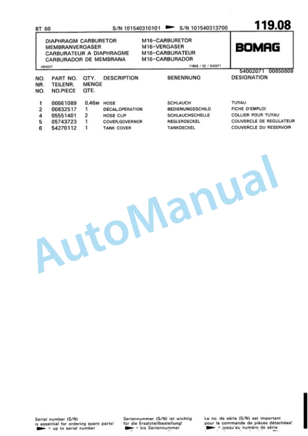 Bomag BT 60 Vibratory Tamper Spare Parts Catalogue 00813225-5
