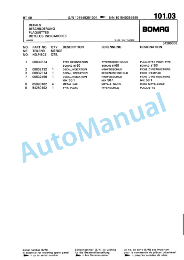 Bomag BT 60 Vibratory Tamper Spare Parts Catalogue 00813226-4