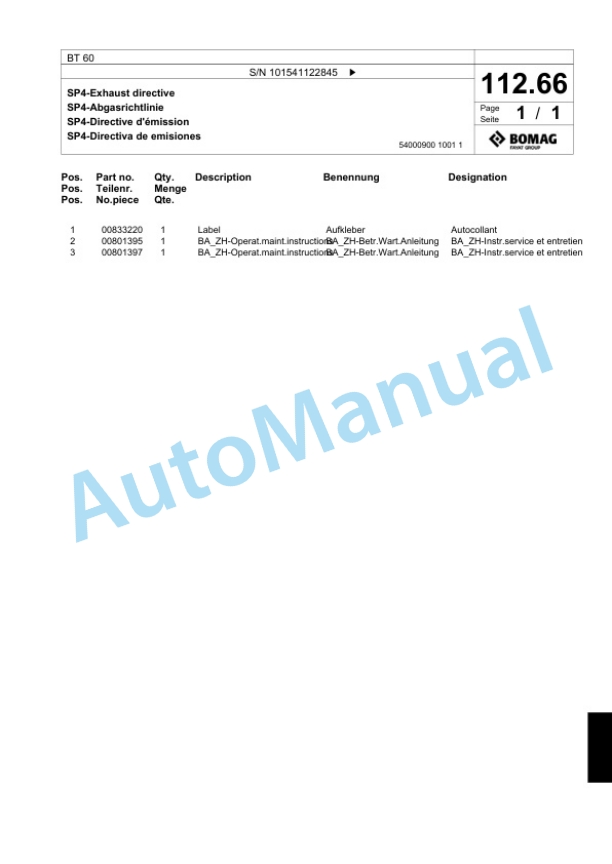 Bomag BT 60 Vibratory Tamper Spare Parts Catalogue 00824635-3