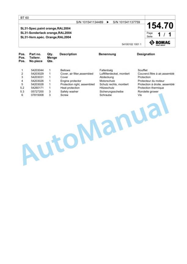 Bomag BT 60 Vibratory Tamper Spare Parts Catalogue 00825035-3
