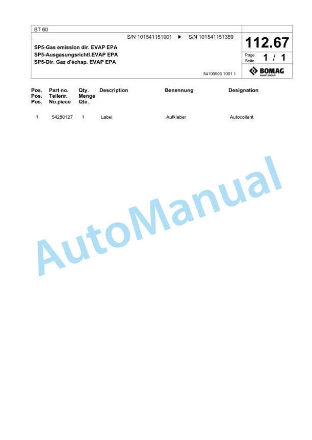 Bomag BT 60 Vibratory Tamper Spare Parts Catalogue 00825399-3