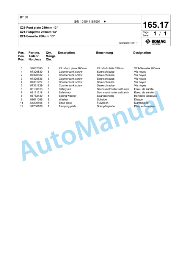 Bomag BT 60 Vibratory Tamper Spare Parts Catalogue 00825573-5
