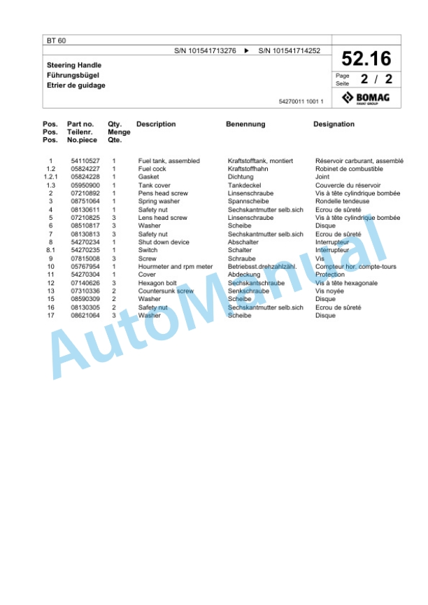 Bomag BT 60 Vibratory Tamper Spare Parts Catalogue 00826879-2